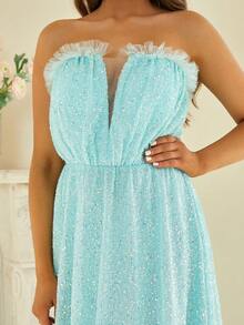 Missord Contrast Mesh Sequin Decor Floor Length Tube Formal Dress - Blue - View 6