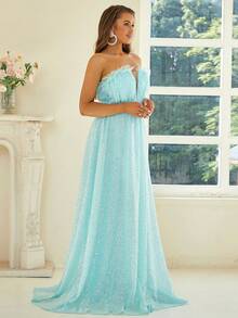 Missord Contrast Mesh Sequin Decor Floor Length Tube Formal Dress - Blue - View 7