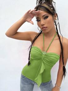 SHEIN ICON Heart Ring Linked Ruched Bust Tie Backless Halter Top - Green - View 1