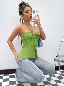 SHEIN ICON Heart Ring Linked Ruched Bust Tie Backless Halter Top - Green - View 4