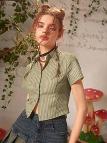 ROMWE Fairycore Striped Button Front Shirt - Green - View 1