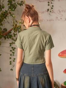 ROMWE Fairycore Striped Button Front Shirt - Green - View 7