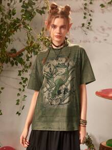 ROMWE Fairycore Camiseta de cráneo & con estampado de rana - Verde militar - Ver 1