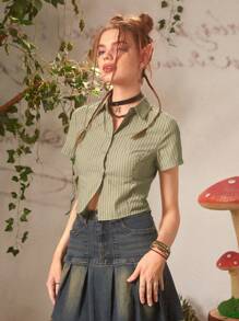 ROMWE Fairycore Striped Button Front Shirt - Green - View 3