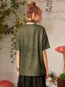 ROMWE Fairycore Camiseta de cráneo & con estampado de rana - Verde militar - Ver 2