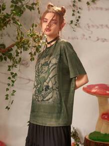 ROMWE Fairycore Camiseta de cráneo & con estampado de rana - Verde militar - Ver 3