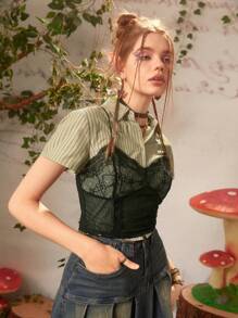 ROMWE Fairycore Striped Button Front Shirt - Green - View 5