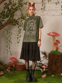 ROMWE Fairycore Camiseta de cráneo & con estampado de rana - Verde militar - Ver 4