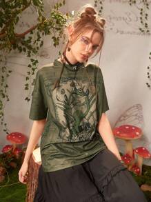 ROMWE Fairycore Camiseta de cráneo & con estampado de rana - Verde militar - Ver 5