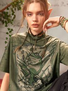 ROMWE Fairycore Camiseta de cráneo & con estampado de rana - Verde militar - Ver 6