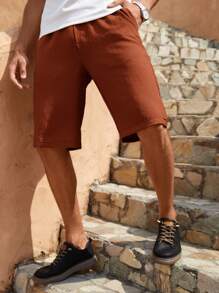 Manfinity Homme 男士斜口袋腰部抽繩短褲 - 棕色 - 查看 4