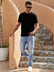 Manfinity RelaxMax 男士素色華夫格編織T恤 - 黑色 - 查看 6