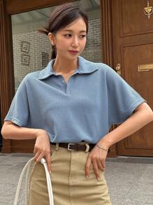 DAZY 素色蝙蝠袖華夫格編織T恤 - 霧霾藍 - 查看 1