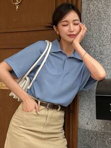 DAZY 素色蝙蝠袖華夫格編織T恤 - 霧霾藍 - 查看 2