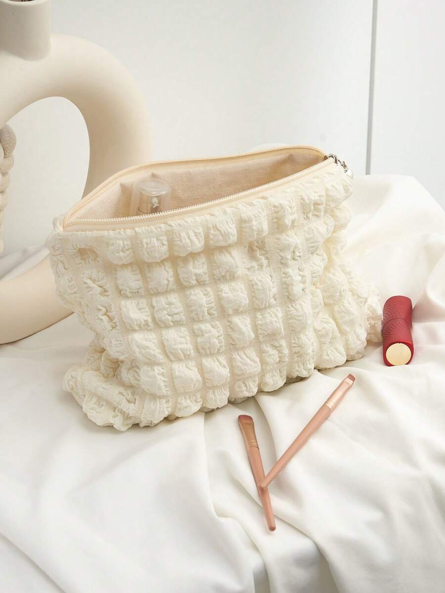 1Pc Wrinkle Embossed Makeup Bag Beige Soft Material Cute Everyday Use Cosmetic Bag With Little Bead Zipper For Women And Girls,Makeup Bag Makeup Pouch Skincare Bag Toiletry Bag Packing Cubes,Travel Essentials Cruise Essentials Dorm Essentials,Wedding Bridesmaid Gifts,Mom Gifts,Birthday Gifts,Gifts For Friends And Teachers,Home Decor,Bathroom Livingroom Bedroom Decor,Bathroom Organizer,Jewelry Organizer,Lip Oil Organizer,Nail Polish Organizer Storage Makeup Organizer Makeup Case Makeup Travel Toiletry Organizer Essentials Gifts Storage Zipper Accessories Nail