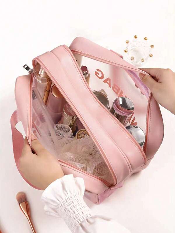 Clear Toiletry Bag Letter Graphic Waterproof Double Layers Multi