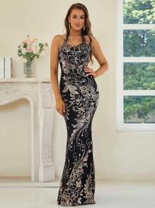 Missord Backless Sequin Mermaid Hem Formal Dress - Black - View 1