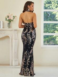 Missord Backless Sequin Mermaid Hem Formal Dress - Black - View 2