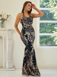 Missord Backless Sequin Mermaid Hem Formal Dress - Black - View 7