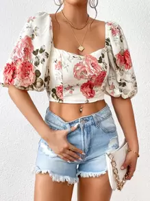 SHEIN Privé 印花雞心領口泡泡袖短款襯衫 - 米色 - 查看 1