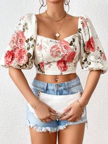 SHEIN Privé 印花雞心領口泡泡袖短款襯衫 - 米色 - 查看 4