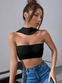 SHEIN BAE Áo dệt kim nữ màu trơn Gợi cảm - màu đen - Xem 3