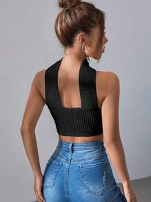 SHEIN BAE Áo dệt kim nữ màu trơn Gợi cảm - màu đen - Xem 2