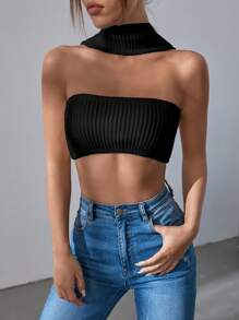 SHEIN BAE Áo dệt kim nữ màu trơn Gợi cảm - màu đen - Xem 1