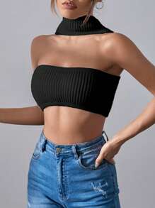 SHEIN BAE Áo dệt kim nữ màu trơn Gợi cảm - màu đen - Xem 5