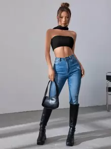 SHEIN BAE Áo dệt kim nữ màu trơn Gợi cảm - màu đen - Xem 6