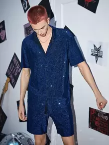 SWAVVY 1入組金屬亮絲襯衫和1入組短褲 - 藏蓝色 - 查看 3