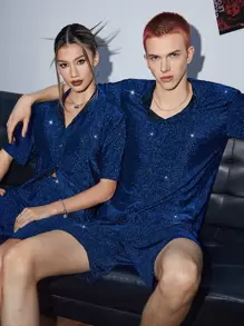 SWAVVY 1入組金屬亮絲襯衫和1入組短褲 - 藏蓝色 - 查看 5