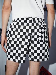 SWAVVY 1入組棋盤格印花卡通貼布細節短褲 - 黑與白 - 查看 2