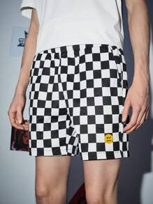 SWAVVY 1入組棋盤格印花卡通貼布細節短褲 - 黑與白 - 查看 3