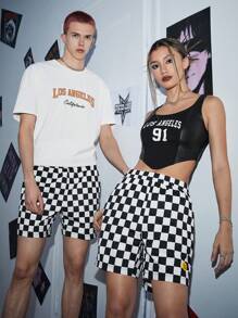 SWAVVY 1入組棋盤格印花卡通貼布細節短褲 - 黑與白 - 查看 6