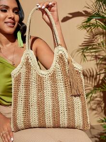 SHEIN VCAY 條紋圖案流蘇裝飾草編包 - 棕色 - 查看 4