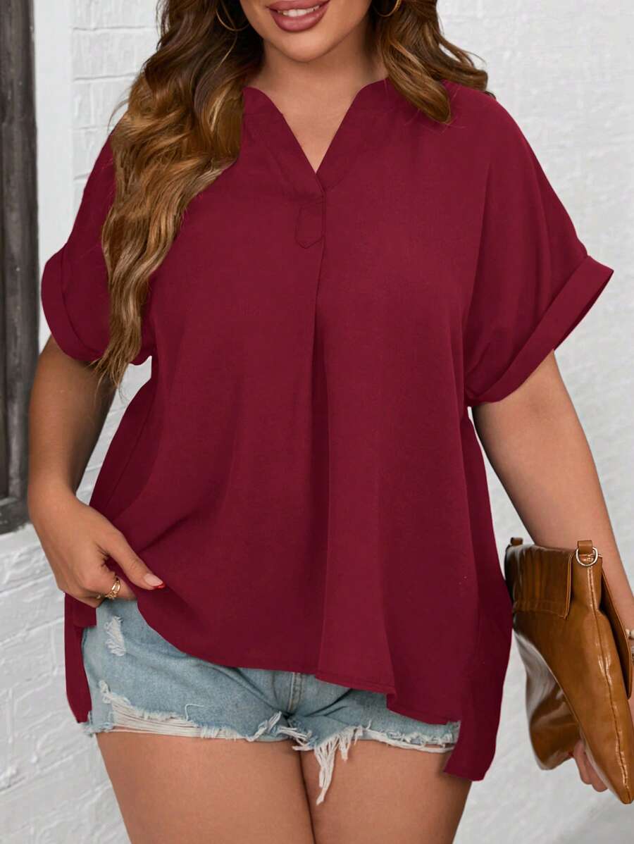 SHEIN LUNE Plus Solid Notched Neckline Batwing Sleeve Split Hem Blouse - Burgundy - View 1