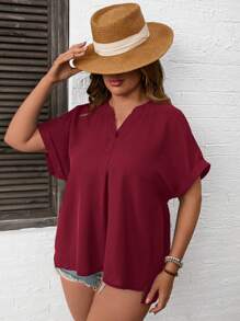 SHEIN LUNE Plus Solid Notched Neckline Batwing Sleeve Split Hem Blouse - Burgundy - View 4
