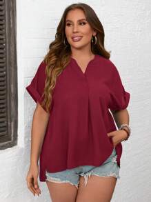 SHEIN LUNE Plus Solid Notched Neckline Batwing Sleeve Split Hem Blouse - Burgundy - View 5
