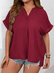 SHEIN LUNE Plus Solid Notched Neckline Batwing Sleeve Split Hem Blouse - Burgundy - View 6