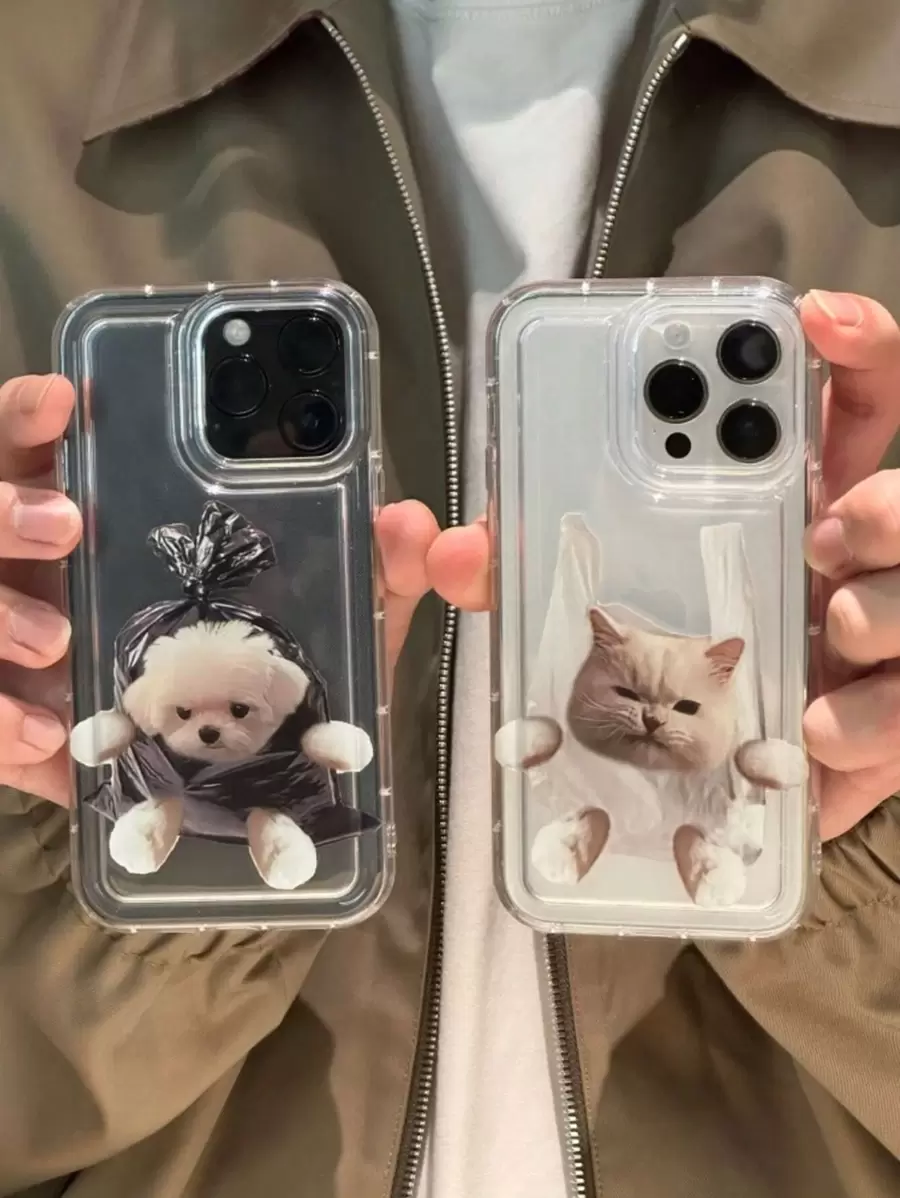 Funny 2pcs Couple Dog & Cat Pattern Clear Phone Case - Clear - View 1