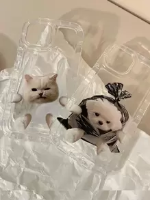 Funny 2pcs Couple Dog & Cat Pattern Clear Phone Case - Clear - View 2