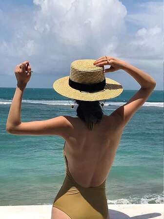 1入組女士們時尚黑色裝飾編織草編海灘度假休閒浪漫太陽帽適合夏天