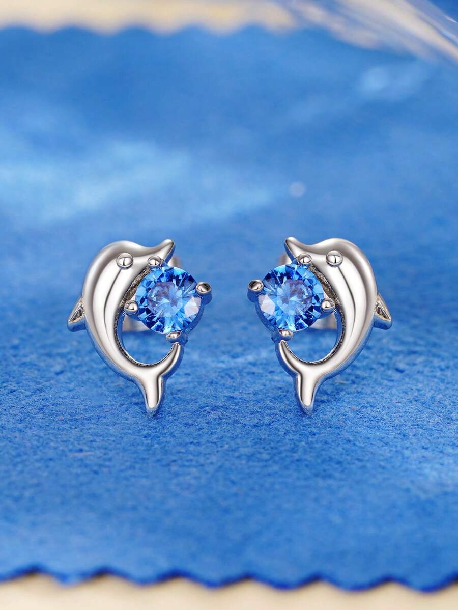 Rhinestone Decor Dolphin Design Stud Earrings
