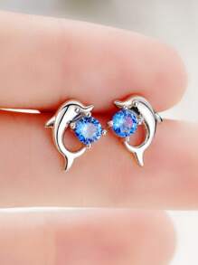 Rhinestone Decor Dolphin Design Stud Earrings - Blue - View 3