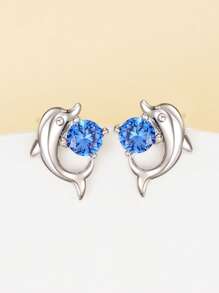 Rhinestone Decor Dolphin Design Stud Earrings - Blue - View 4
