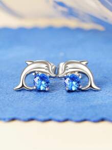 Rhinestone Decor Dolphin Design Stud Earrings - Blue - View 5