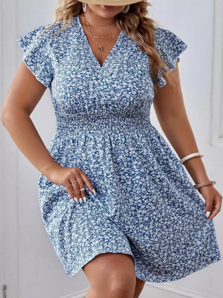 SHEIN Frenchy Vestido con estampado floral de manga mariposa - Azul y blanco - Añade 1