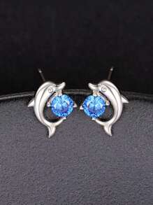 Rhinestone Decor Dolphin Design Stud Earrings - Blue - View 6
