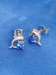 Rhinestone Decor Dolphin Design Stud Earrings - Blue - View 7